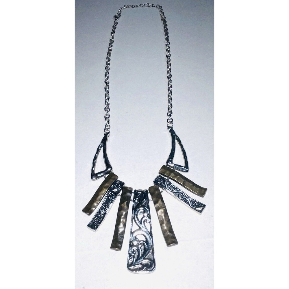 Boho Statement Necklace Silver Gold Tone Mixed Metal Fringe Bib Artisan Style